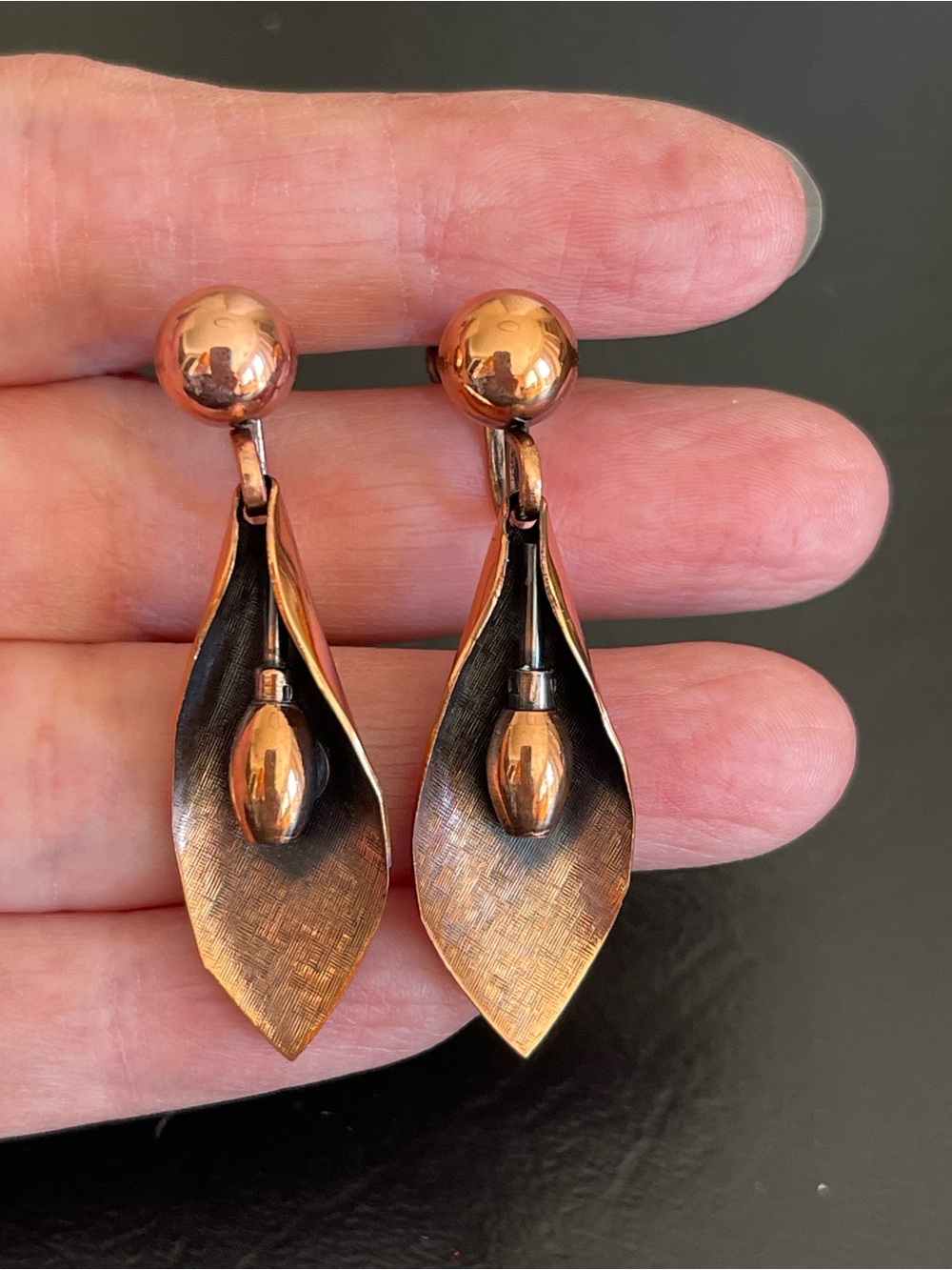 Vintage copper Leaf Drop screw on Earrings .